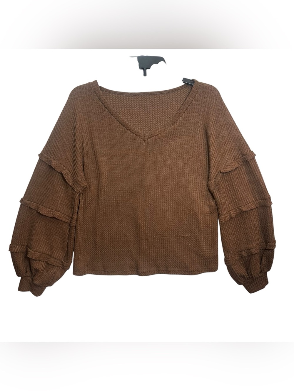 CUPSHE Brown Micro-Ruffle Puff Sleeve Waffle Knit Sweater Top Size S NWT - Picture 2 of 10